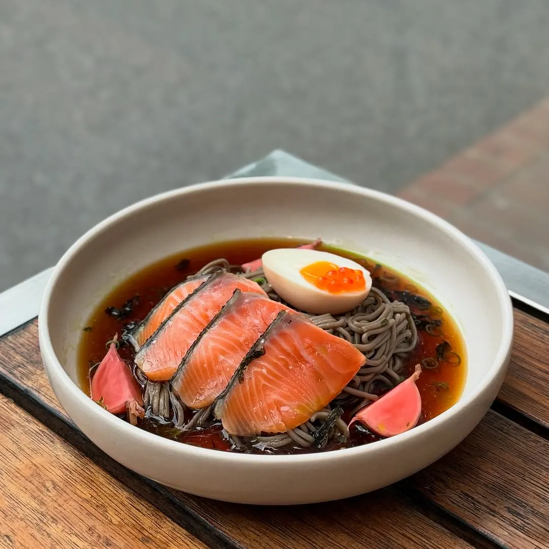 Cold soba noodles with ora king salmon, soft egg and pickles